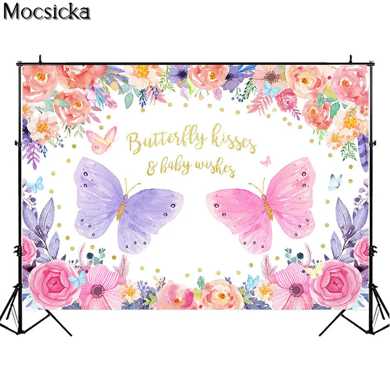 Butterfly Kisses Baby Wishes Backdrop Fairy Princess Purple Pink Flowers Child Birthday Photo Background Cake Table Decor Banner