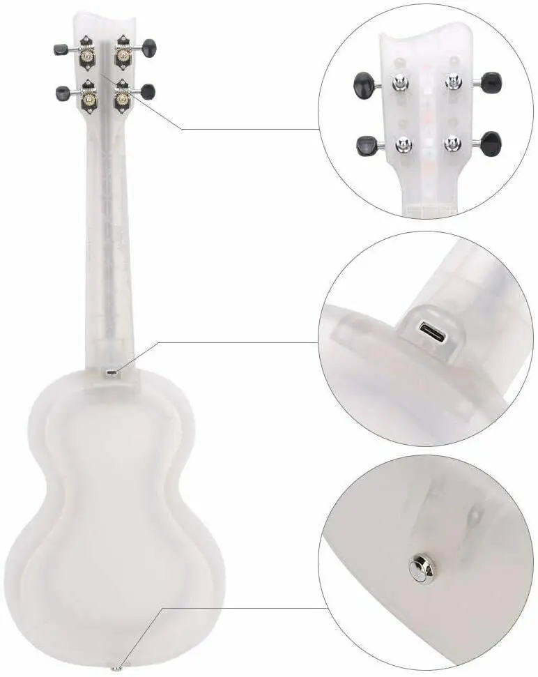 Ukulele Recarregável LED Brilhante para Crianças e Adultos, Instrumento Musical para Crianças, Acessórios Engraçados para Guitarra, 5 Modos de Luz,