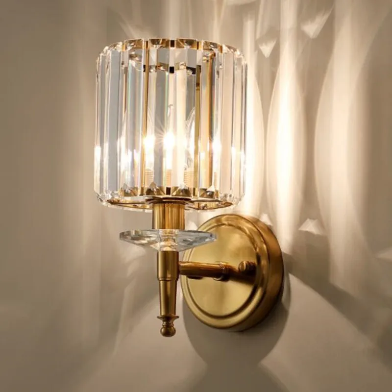 

Copper Color Crystal Wall Lamp For Living Room Bedroom Balcony Corridor E14 Bulbs Double Head Wall Lights Home Decor 110v 220v