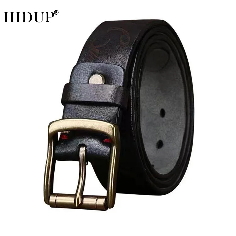 

HIDUP Unique Design Square Retro Styles Cow Skin Leather Belt Brass Buckle Pure Cowhide Belts Jeans Accessories 3.8cm NWJ1139