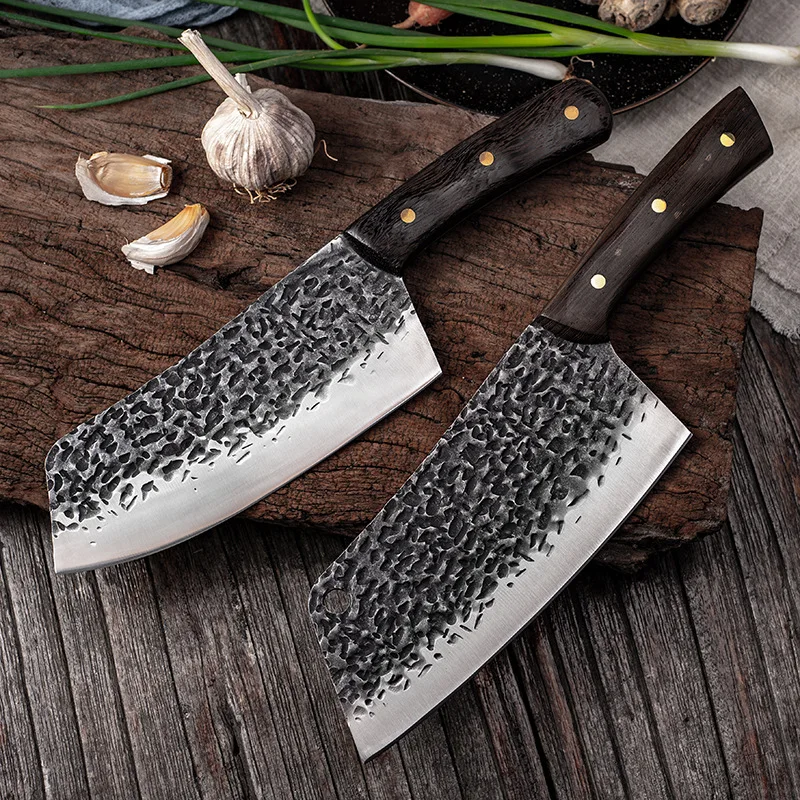 

2pcs Hand Forged Hammered Kitchen Knife Chinese Kitchen 5Cr15 Stainless Steel Chopping Knife Sharp Kitchen Knife