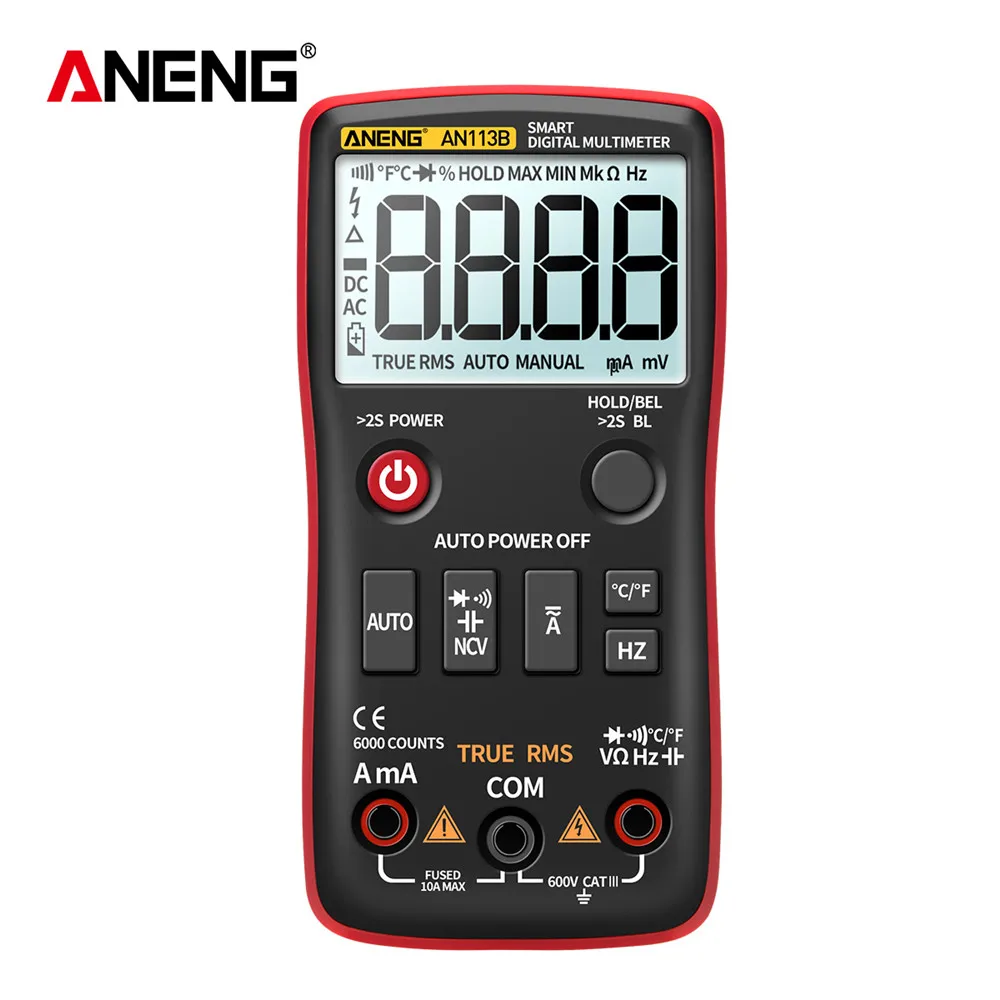 Digital Multimeter True RMS with Temperature Tester AN113B  6000 Counts Auto-Ranging AC/DC Transistor Voltage Meter