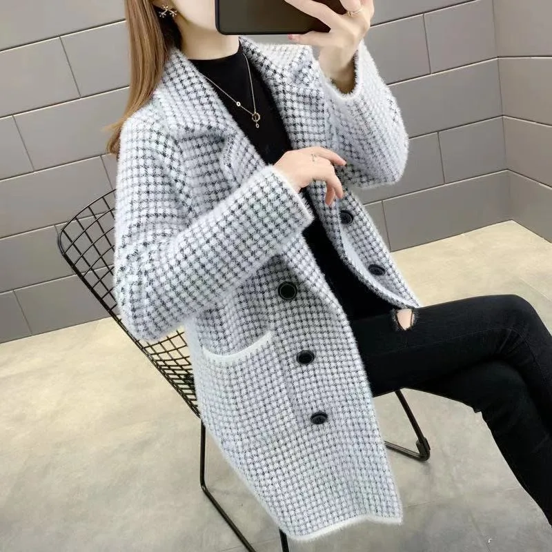 Faux Mink Cashmere Woolen Coat Women Mid Long Cardigan Outerwear Korean Winter Thick Loose Houndstooth Woolen Jacket Coat Female