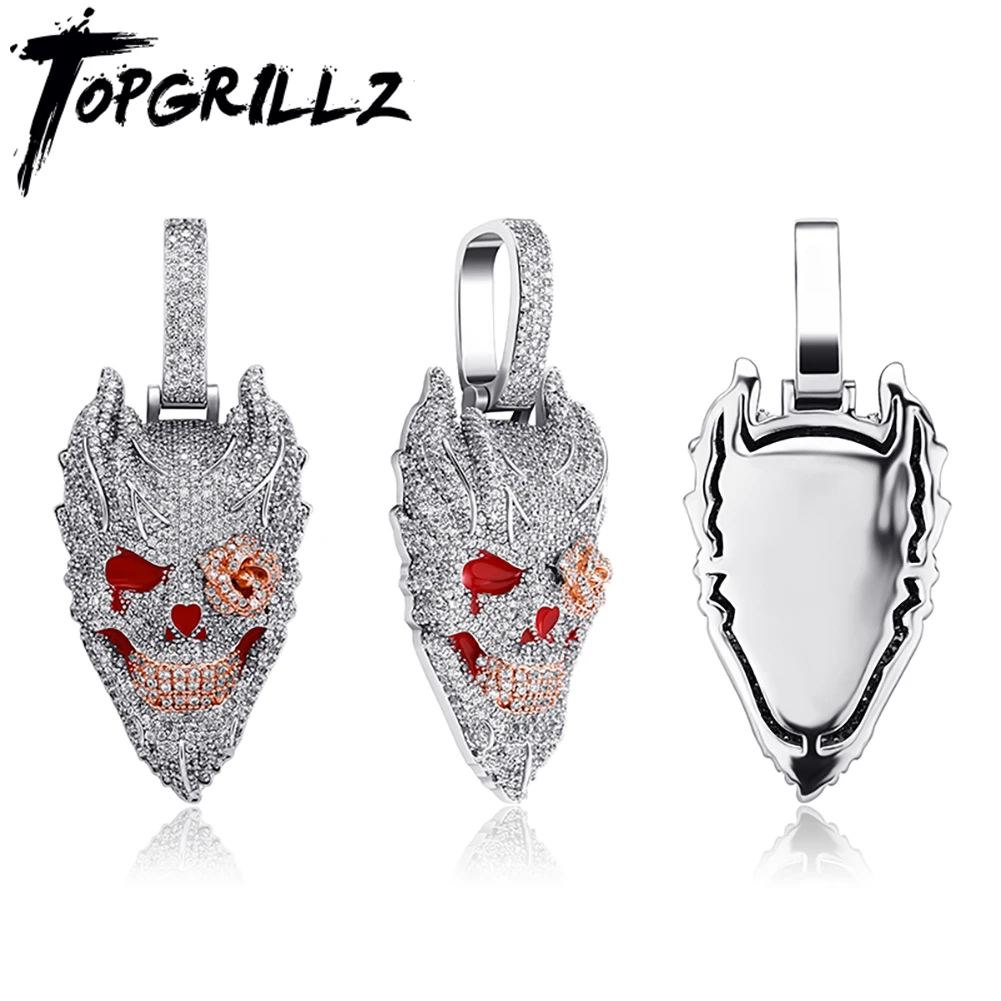 TOPGRILLZ Mens Evil Smile Skull Pendant Iced Out Cubic Zirconia Rose Flower Eye White Gold Plated Hip Hop Rock Jewelry For Gift