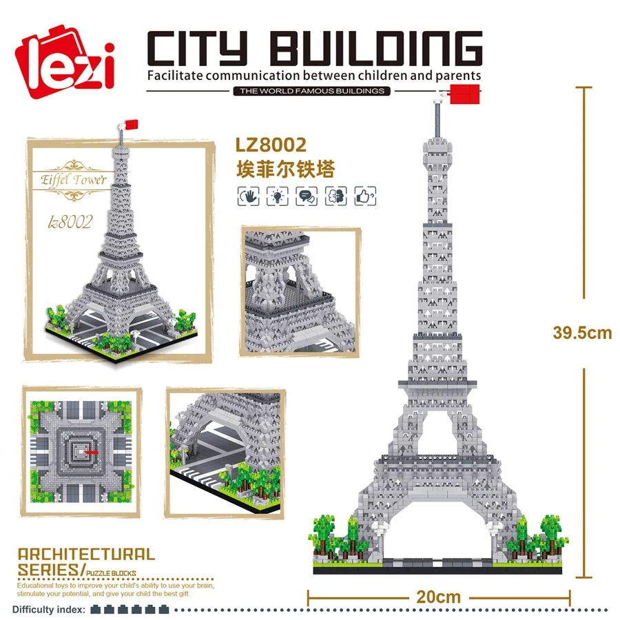 Architecture LEZI Mini Blocks World Creative Landmark Louvre Eiffel Tower Pisa Building Small Bricks Toy for Kids Gift 8002