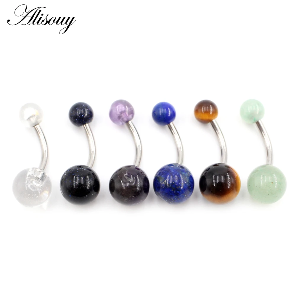 Alisouy 1pc New Stainless Steel Barbell Natural Stones Sexy Ball Belly Ring Navel Piercing Girl Women Button Ring Body Jewelry