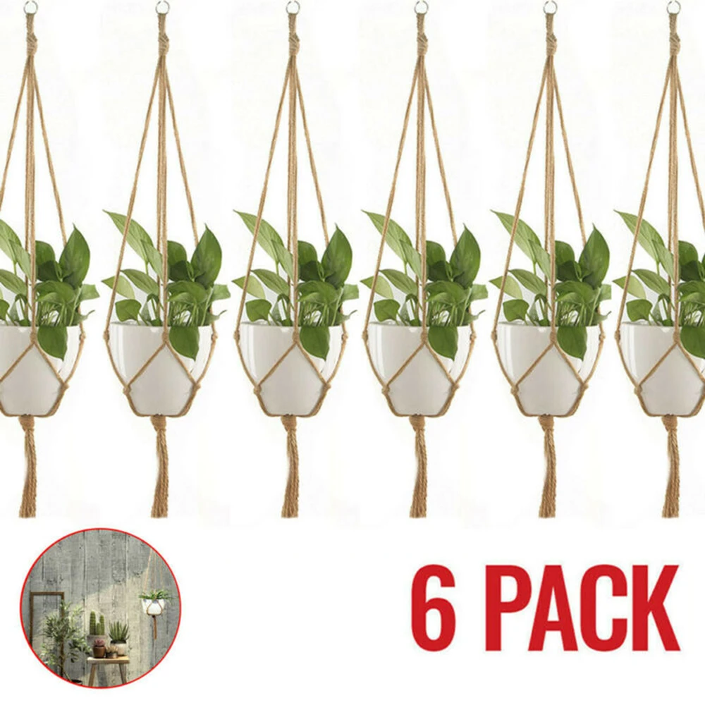 6pc Vintage Rope Basket Handmade Macrame Flower Pot Net Bag Home Pastoral Decor Plant Hanging Basket Knotted Rope Plant Holders