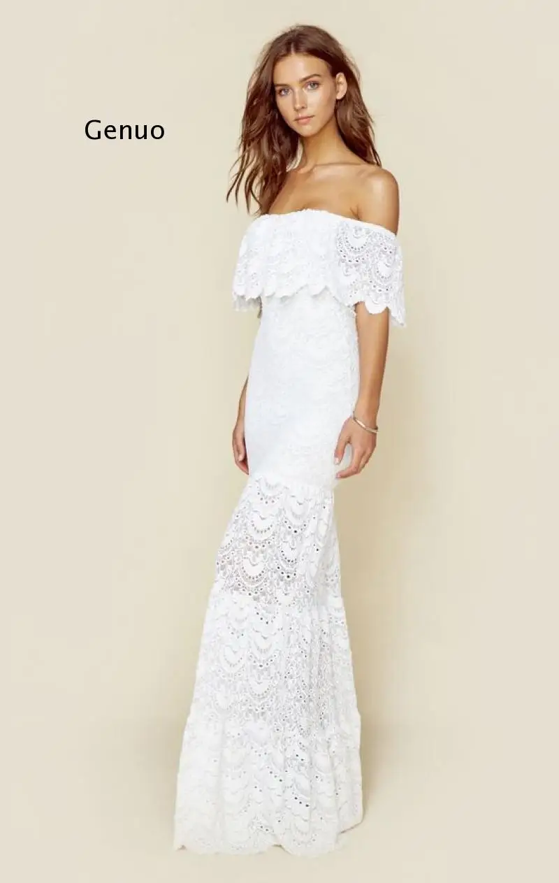 White Lace Sexy Maxi Dress 2021 Summer Bohemian Off Shoulder Hollow Out Dresses Solid Ruffle Beach Holiday Party Female Vestiods