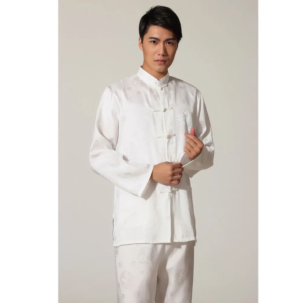 

High Quality XXXL Chinese Men's Satin Wu Shu Uniform Long Sleeve Kung Fu Tai Chi Suit Novelty Dragon Wu Shu White Clothing