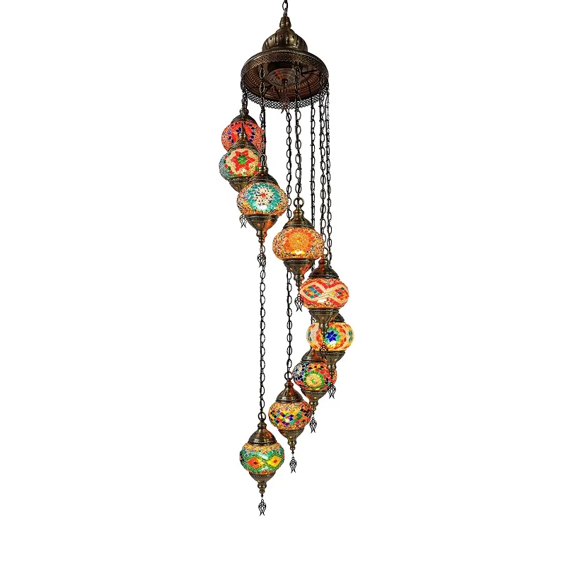 Romantic Turkish Style Handmade Masac Stained Glass Ball Shade Screw Hanging E27 LED 5W Chain Pendant Staircase Glass Chandelier