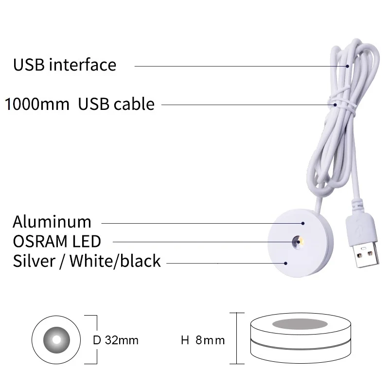 EtrnLED-Mini LED Spotlight Kit de iluminação, USB, 5V, superfície redonda, montado gabinete Display lâmpada, ponto do teto, preto, branco, prata