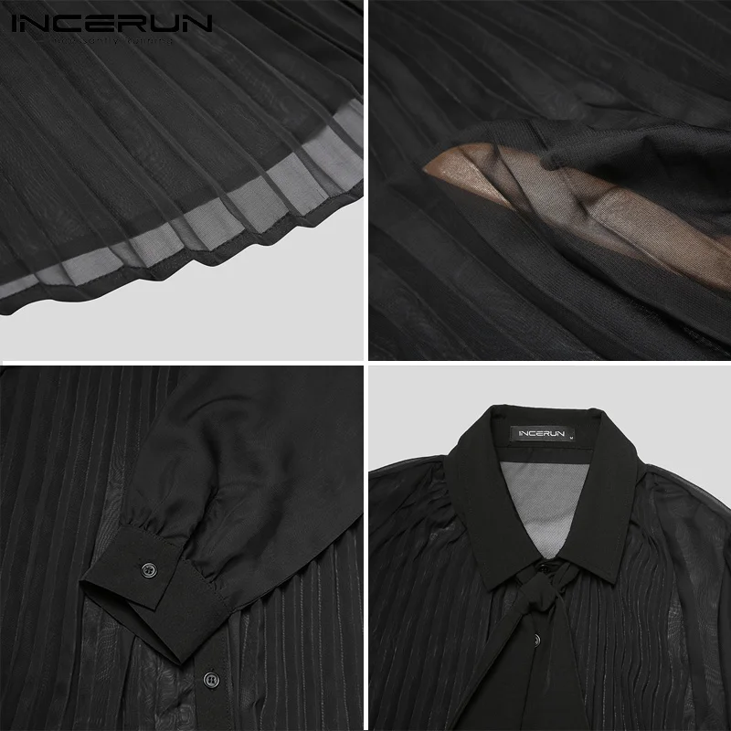 INCERUN Men Shirt Mesh See Through Lapel Long Sleeve Camisa WIth Tie Streetwear 2023 Pleated Solid Sexy Party Men Clothing S-5XL