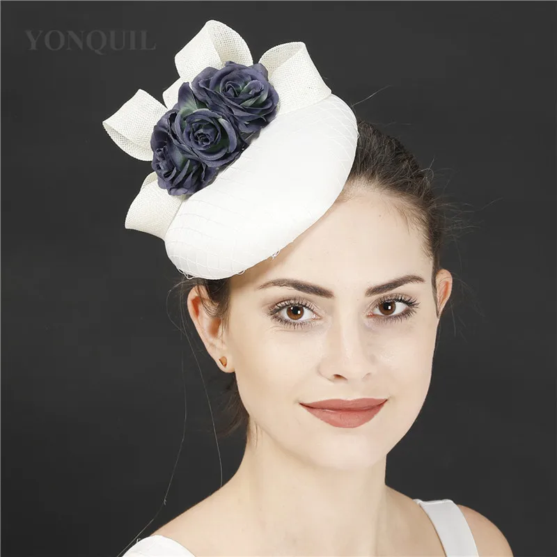 Casquette Ivoire avec Fleur Marine pour Femme, Fascinateur de Mariage, Vêtements de Sauna avec Bande Fedora, Nouvelle Collection