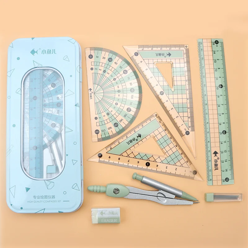 7 Pz/set scatola di Metallo Righello Bussole Eraser Triangolo Righello Righello Dritto Ricarica Completa geometria strumenti di apprendimento
