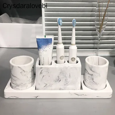 Bathroom Kit Marble Pattern Electric Toothbrush Holder Bathroom Set Tray Glass Toothbrush Cup Soap Box Bathroom Accessories Set