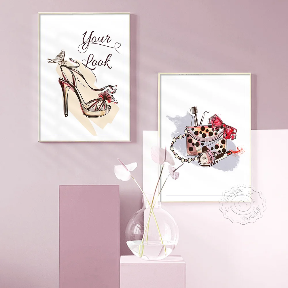 Lift Beautiful Perfume High Heeled Shoes Art Poster, Woman Fashion Perfume Cosmetics Art Wall Picture, Watercolour Decor Mural