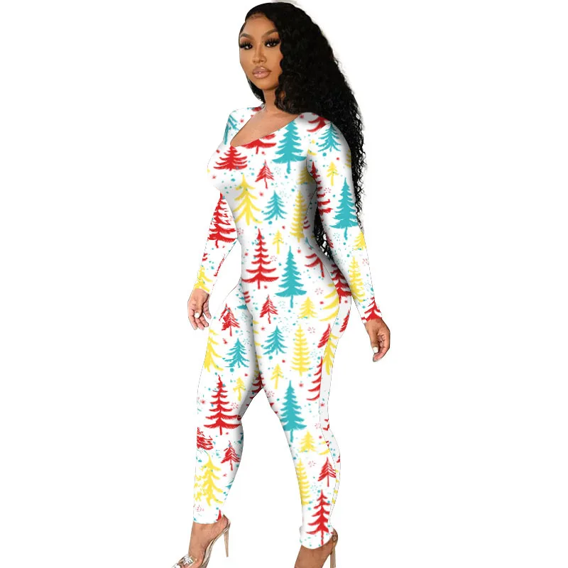 Plus Size Sexy Christmas Print Side Hollow Out Jumpsuit for Women Long Sleeve Bodycon Fashion One Piece Night Party Autumn Wear