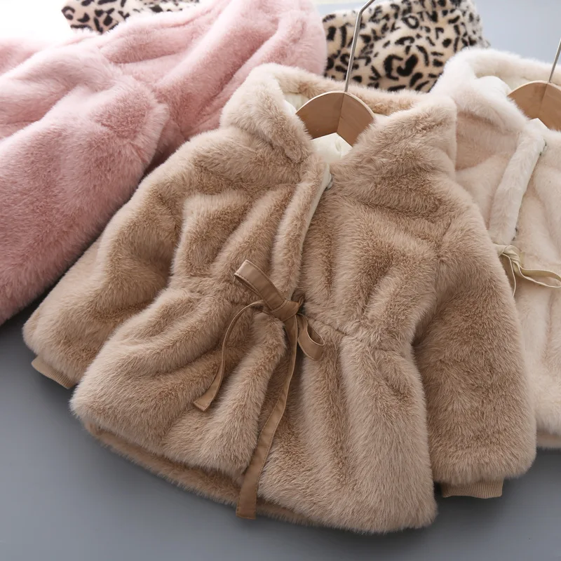 Girls\' Hooded Plush Jacket Children\'s Jackets Warm Kids Jacket Boys Baby Winter Clothes Fluffy Jacket Coat Outdoor 2023 Tie Bow