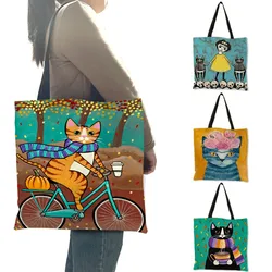 Sacola de gato personalizada para mulheres, Saco de compras de linho reutilizável dobrável com impressão, Sacos escolares de viagem