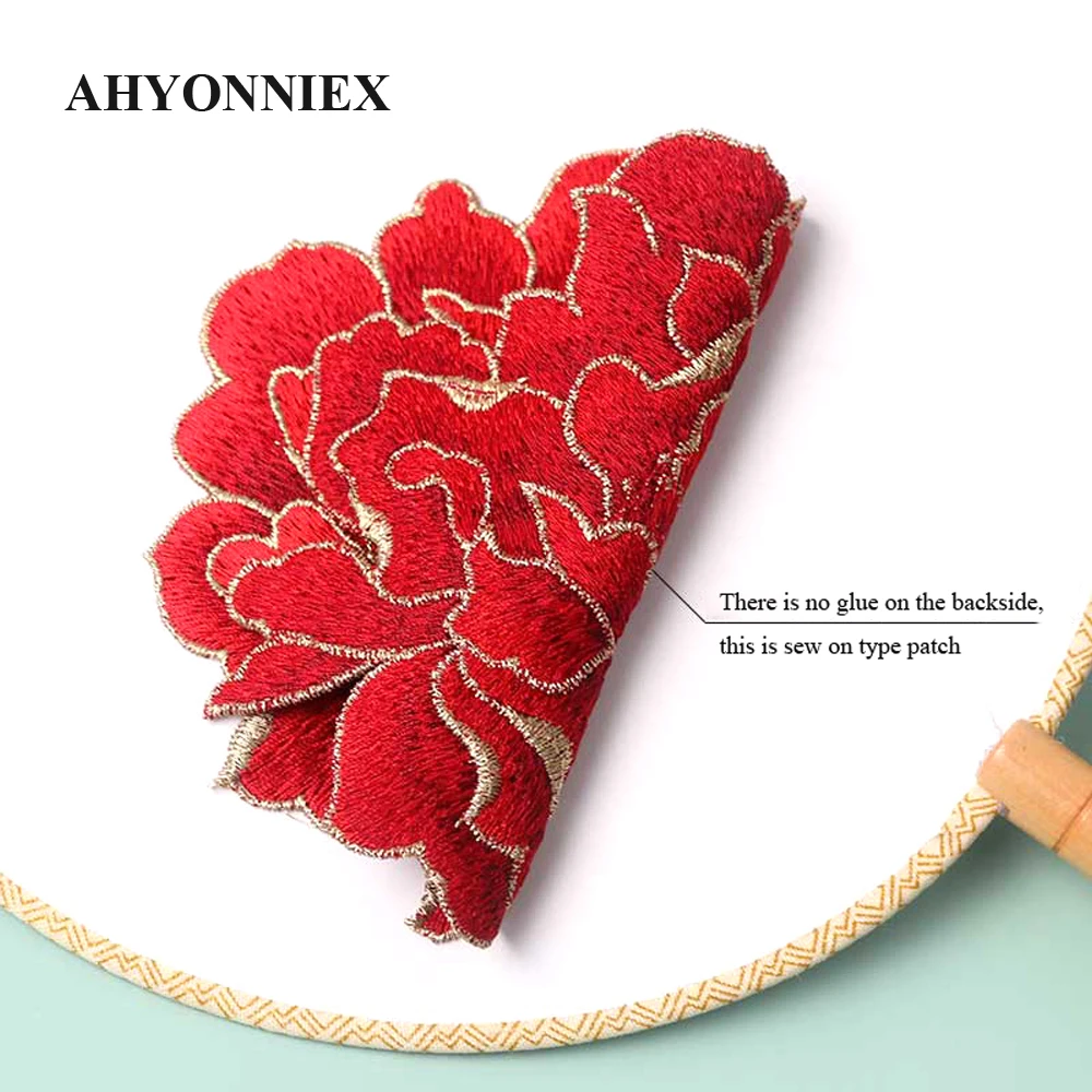 1piece AHYONNIEX 9 Colors High Quality Clothing Garment Applique Embroidered Flower Patches Sew On Peony Patch Without Glue