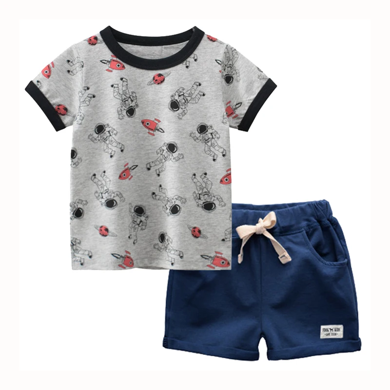 

BINIDUCKLING New Child Boys Summer Clothing Set Printed Pure Cotton T-Shirt Shorts Toddler Outfits 2 TO 7 Years Kids Clothes
