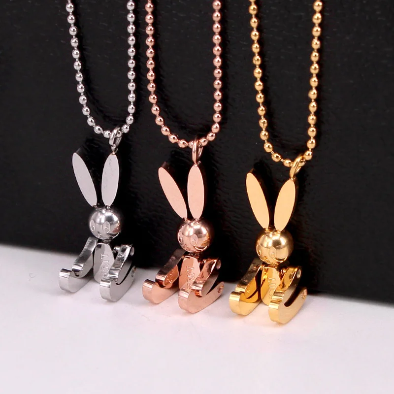 Robot Rabbit Pendant Bunny Necklace Women Stainless Steel Cute Lucky Jewelry Movable Limbs Charm Rose Gold Silver Color Korean