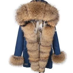 Maomaokong Echt Waschbären Pelz Mantel Fuchs Kragen Denim Mäntel Winter Jacken Frauen Parkas Mit Kapuze Echt Kaninchen Pelz Liner frauen jacke