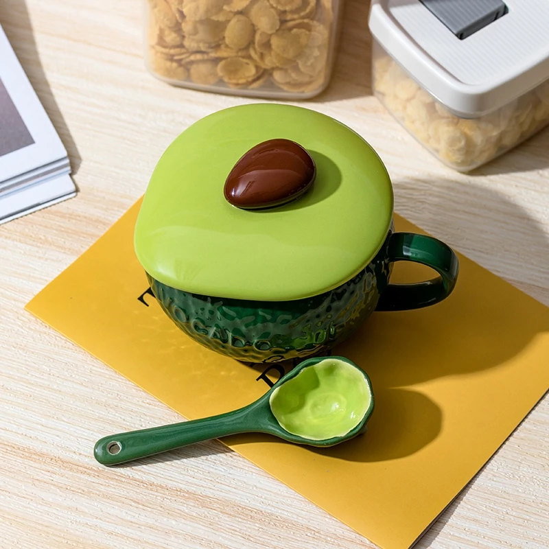 Avocado Covered Milk Tea Breakfast Ceramic Mug Cute Water Cup Couple Bottle Student Gift Cup Coffee Cup with Lid Spoon