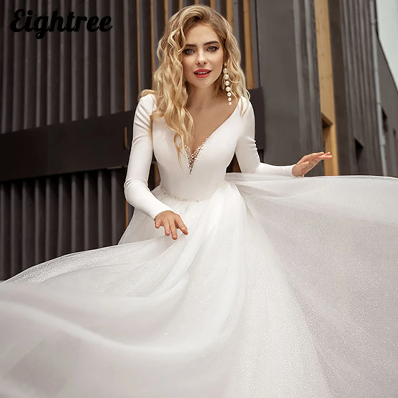 Eightree Sexy Hochzeit Kleider Lange Ärmeln Backles Braut Kleid 2022 Glitter Prinzessin Weiß Hochzeit Abend Ball Kleider Plus Größe