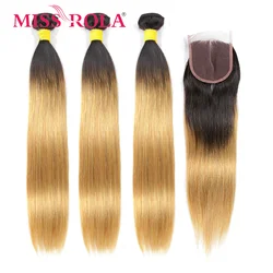Miss Rola Brésilienne Droite Cheveux Humains Tissage Avec des Fermetures De Dentelle 3 Faisceaux Avec 4*4 Fermeture Ombre 1B27 1B30 1B99 Remy Cheveux