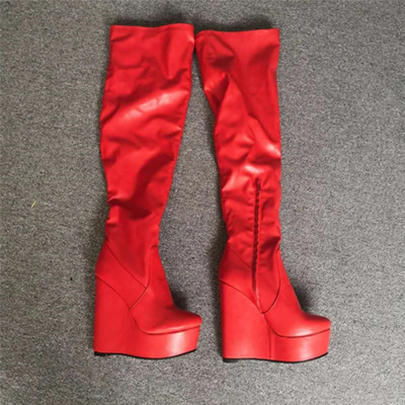 

Women Fashion Designer Round Toe Suede Leather Knee High Wedge Fur Boots Red Winter Charming Super High Heel Wedge Long Boots