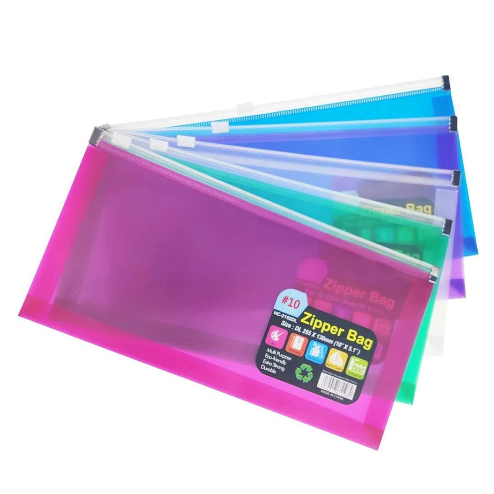 5PCS Zipper Plastic Envelopes 5 x 10inch Assorted Colors Envelopes Folder for Receipts Coupons Bills Cash Money Pencil Stickers