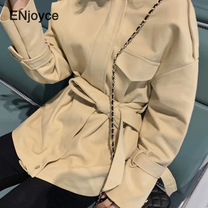 ENjoyce Women Vintage Stand Collar Zipper Loose Jacket with Belt Y2K Streetwear Casual Harajuku Coats Trendy Wiosna Jesień