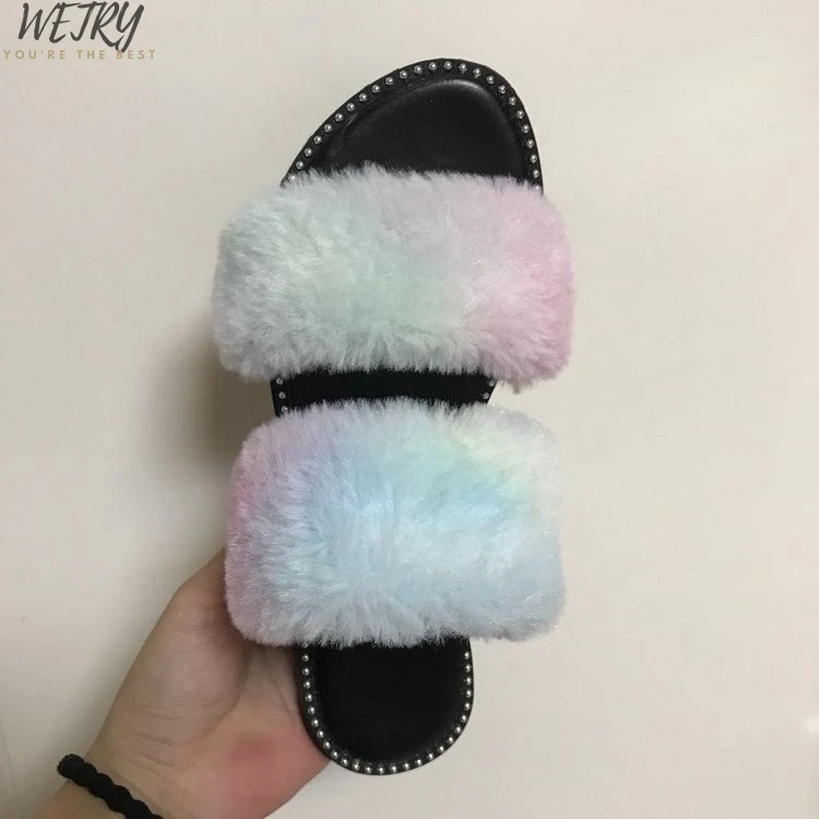 2020 HOT Winter Fashion Women Home Slippers Faux Fur Warm Shoes Woman Slip on Flats Female Fur Flip Flops Pink Plus Size 44 45