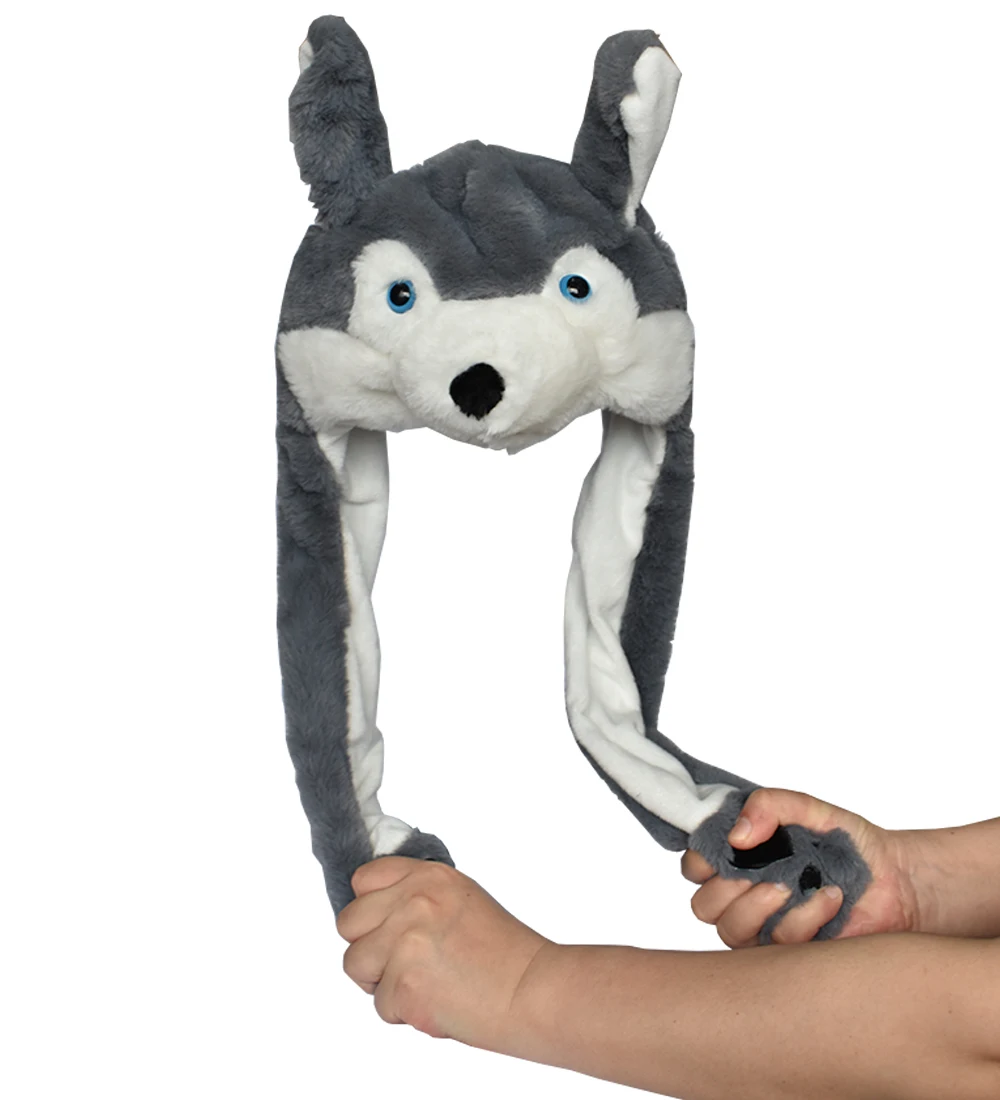 JOYHY Ear Moving Cute Plush Grey Wolf Animal Hats with Paws for Adults Teenagers Kids Boys Girls Costume Winter Beanie Caps view 2