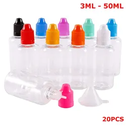 20PCS 3ML-50ML PET Clear Dropper Bottles Empty Plastic Juice Eye Liquid Refillable Transparent Containers with Caps Dropper Tip