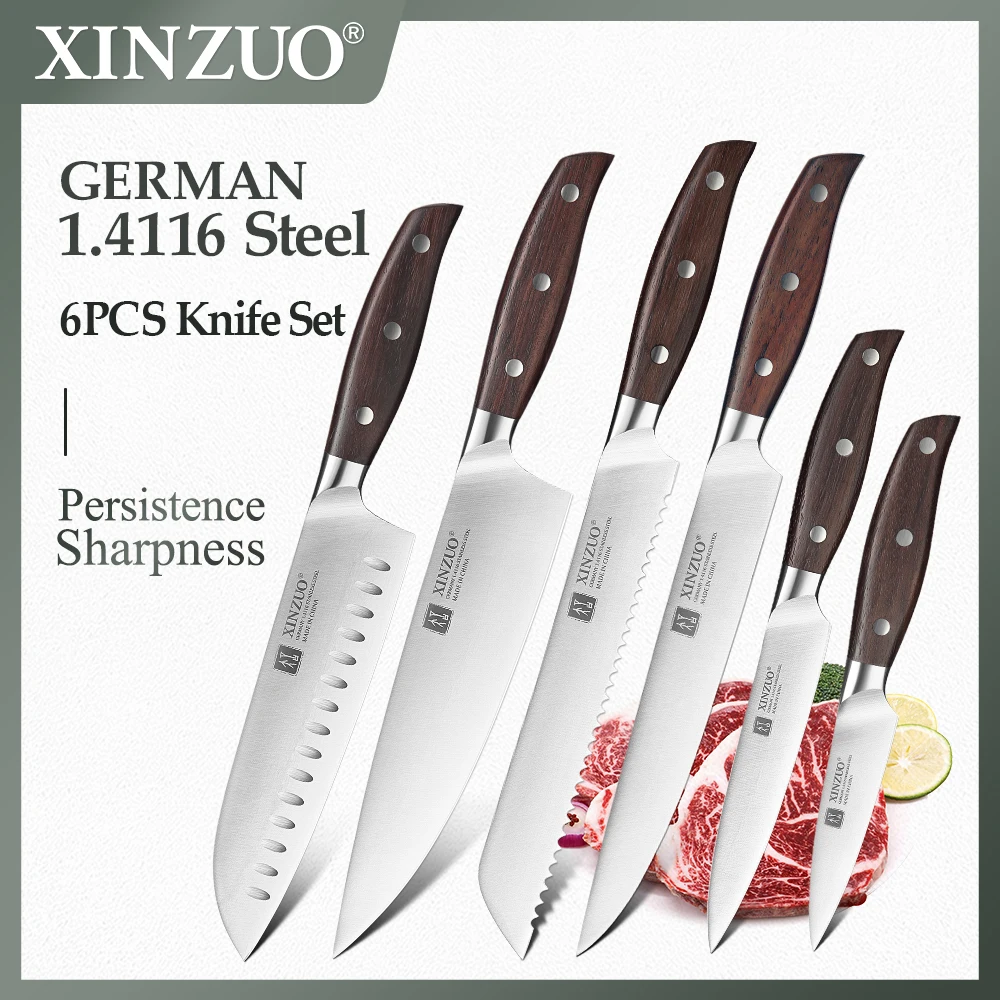 

XINZUO 6PCS Kitchen Knife Set Utility Cleaver Chef Bread Paring Fruit Knife German1.4116 Steel Stainless Steel Knives Sets