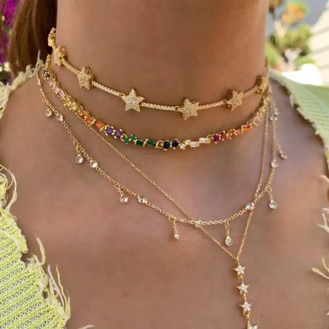 rainbow cz choker necklace gold color adjusted box chain multi layer 2020 new fashion collar chain