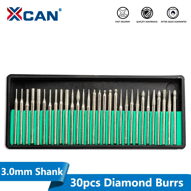 XCAN 30pcs 3.0mm Shank Diamond Burrs For Stone Glass Engraving Polishing Grinding Carving Rotary Tool Bit Rotary File Burrs