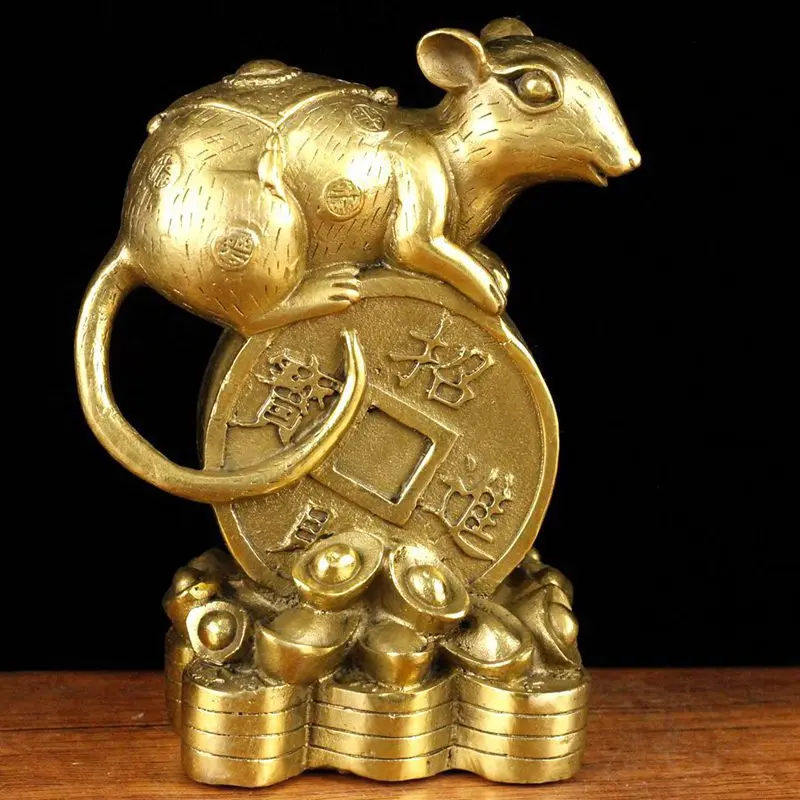 

Pure Brass Zodiac Mouse Bronze Copper Mouse Ornament Home Decoration Gifts Rat Figurine Chinese Fengshui Wealth Crafts