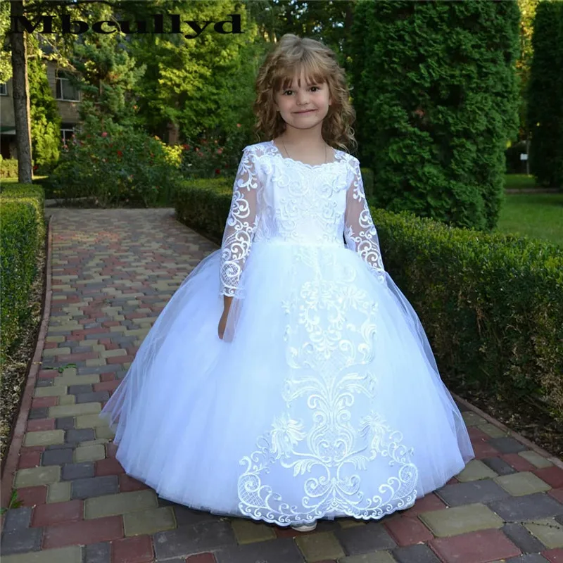 

Mbcullyd White Flower Girl Dress Puffy Tulle Ball Gown Communion Dresses Long Sleeve vestidos de primera comunion 2023 With Bow