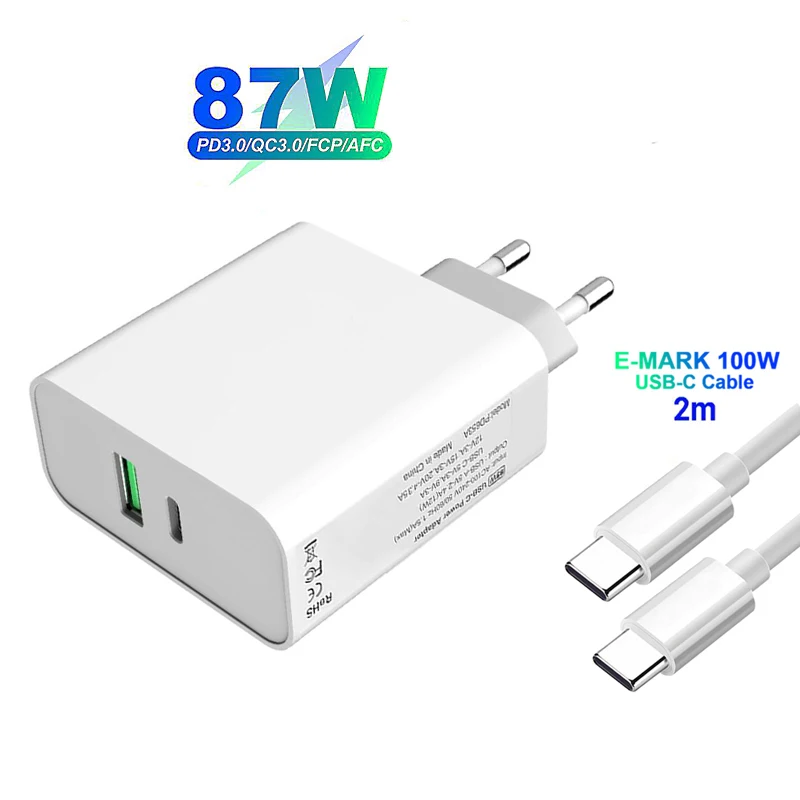 

87W PD Type-C Fast Charging Adapter 2 Port Quick Charger For MacBook Pro/Air Lenovo Dell Nintendo Switch 2M E-mark USB-C Cable