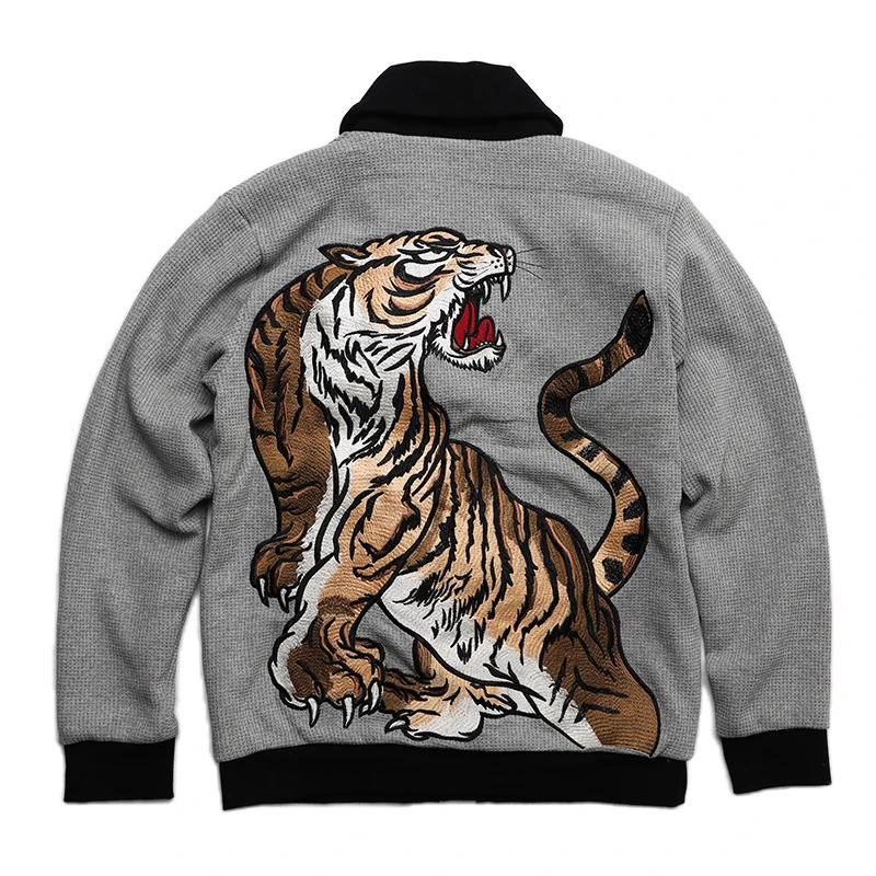 Men Boys Chinese Style Turn-down Heavy Work Tiger Embroidered Waffle Knitted Sweaters Cardigan Coats High Street Streetwear L