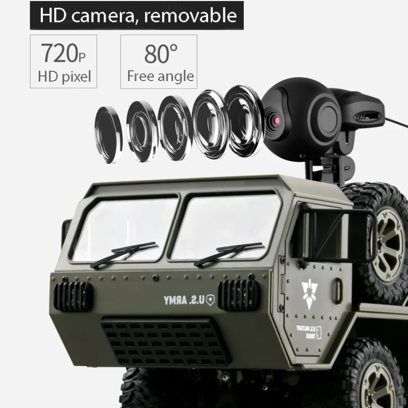Simulação de caminhão militar com câmera hd, transmissão wi-fi, controle de telefone, carro rc, 2.4g, seis rodas, drift, veículos, presentes, carro