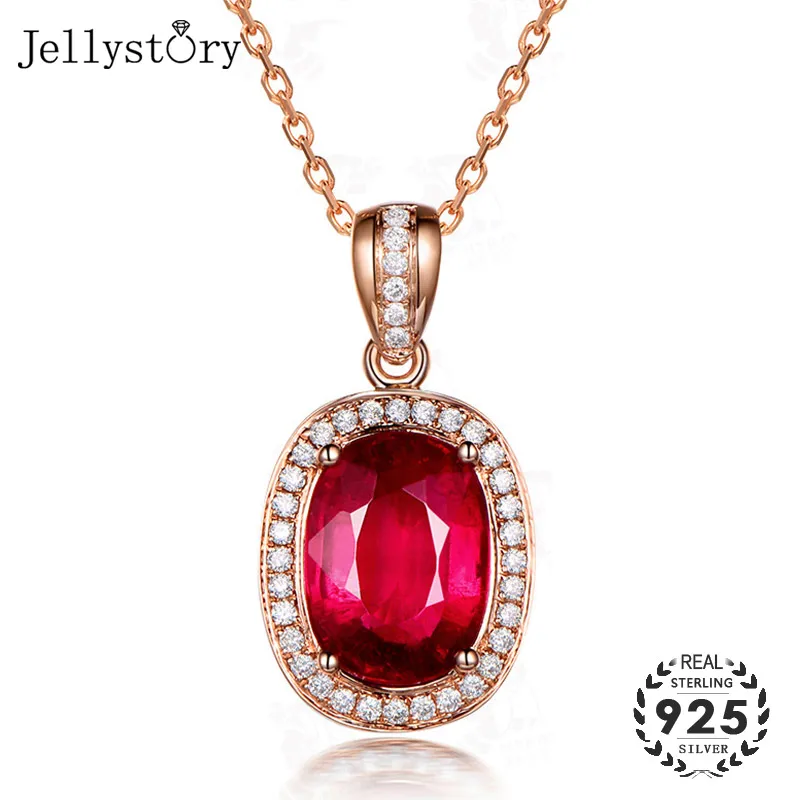 

Jellystory Fashion Silver 925 Jewelry Women Necklace with Oval Shape Ruby Zircon Gemstones Pendant Wedding Party Gifts Wholesale