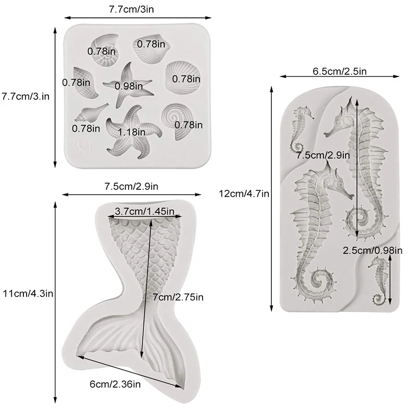 Marine Theme Cake Fondant Mold Seahorse Seashell Starfish Mermaid Tail Silicone Mold Chocolate Candy Polymer Clay Cupcake Decor