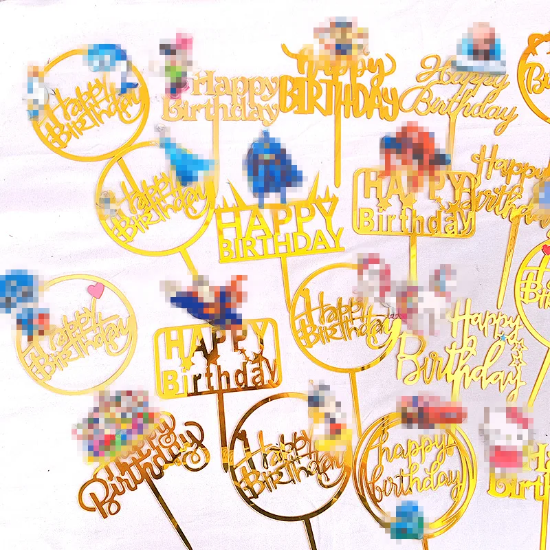 Cartoon Car Happy Birthday Acrylic Cake Toppers Gold Princess Birthday Cupcake Topper for Baby Birthday Party Cake Decorations