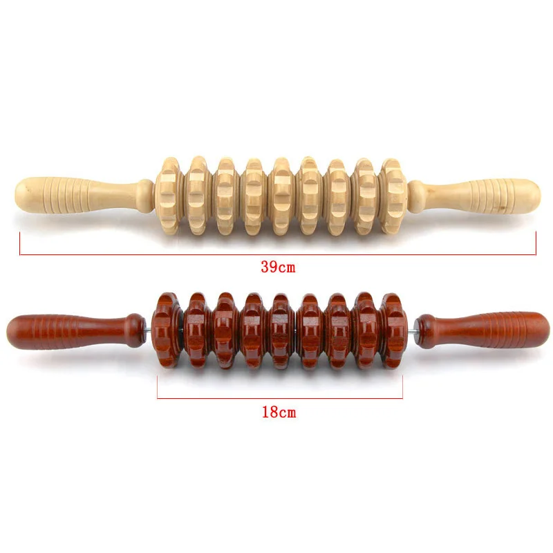 1pc 39cm 9 rolos de yoga haste corpo massagem rolo vara bateu sua cintura volta massagem pescoço perna de madeira relaxar massageador ferramentas