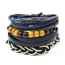 Vintage Multi-layer Bead Leaf Charm Leather Bracelet Men Fashion Braided Handmade Star Rope Wrap Bracelets & Bangles Male Gift