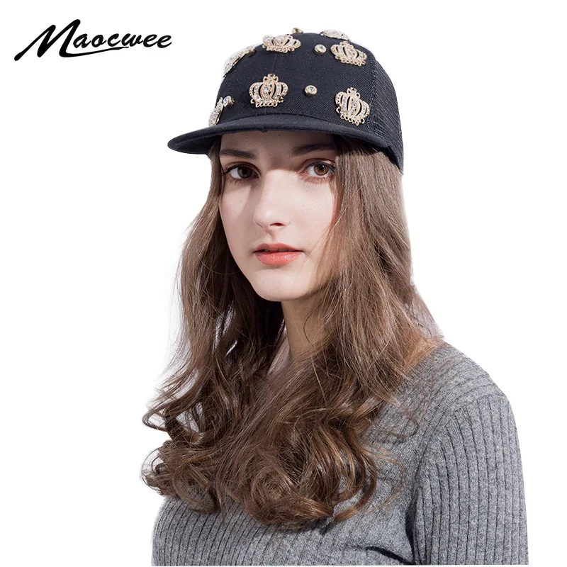 

Mens Womens Snapback Hat KING Crown Baseball Caps Adjustable Hip Hop Hats Black Summer Peaked Rhinestone Crystal Sun Cap Bones